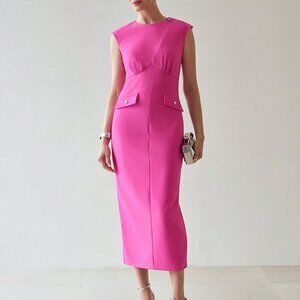 Hot Pink Elegant Women's Flap Detail Split Hem Cap Sleeve Dress